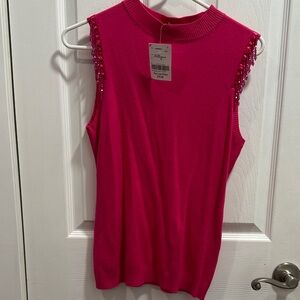 Chic Sleeveless Barbiecore Pink Sweater with Embellished Shoulders